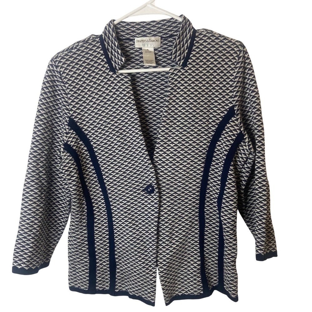 Drapers & Damons Petites Navy White Diamond Knit Button Front Womens Cardigan PL